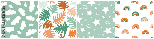 A set of seamless patterns with a natural children's abstract ornament. Clouds, stars in the sky, rainbow, leaves in Scandinavian style. Vector graphics.