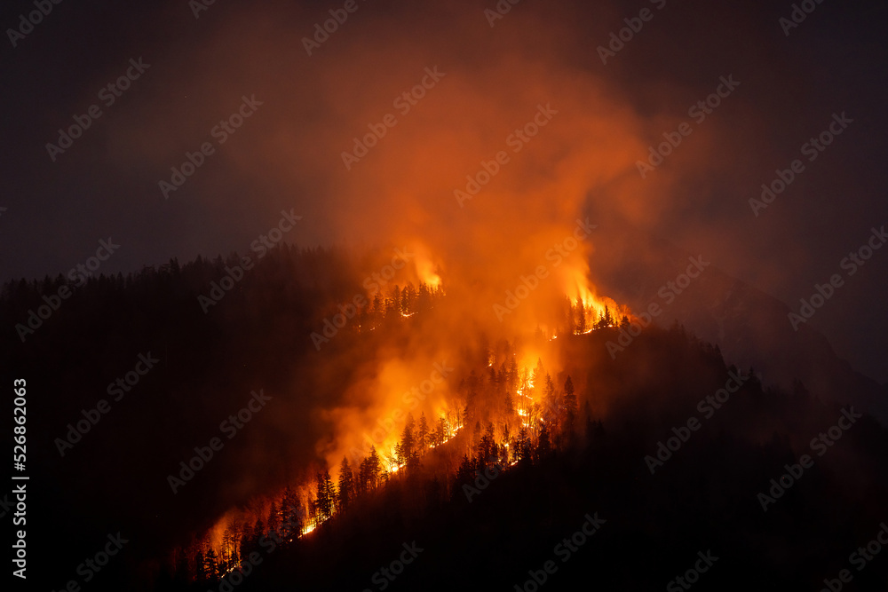 Smoke rises after a wildfire over a mountain area, threatening health and biodiversity, aerial view.