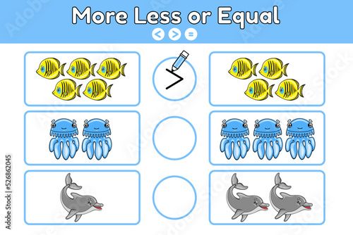 Mathematics educational game for children. Count and choose less, more or equal. Learning counting, addition worksheet for kids. Vector illustration.