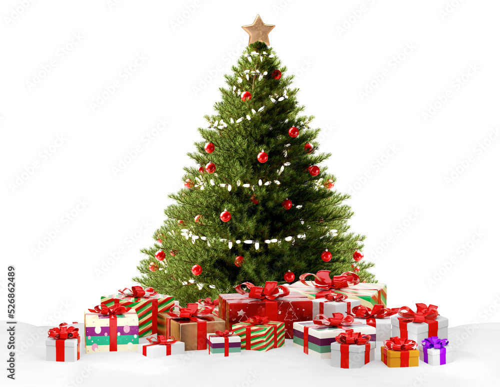 green fir Christmas tree decorated with pile of Christmas gifts 3d-illustration