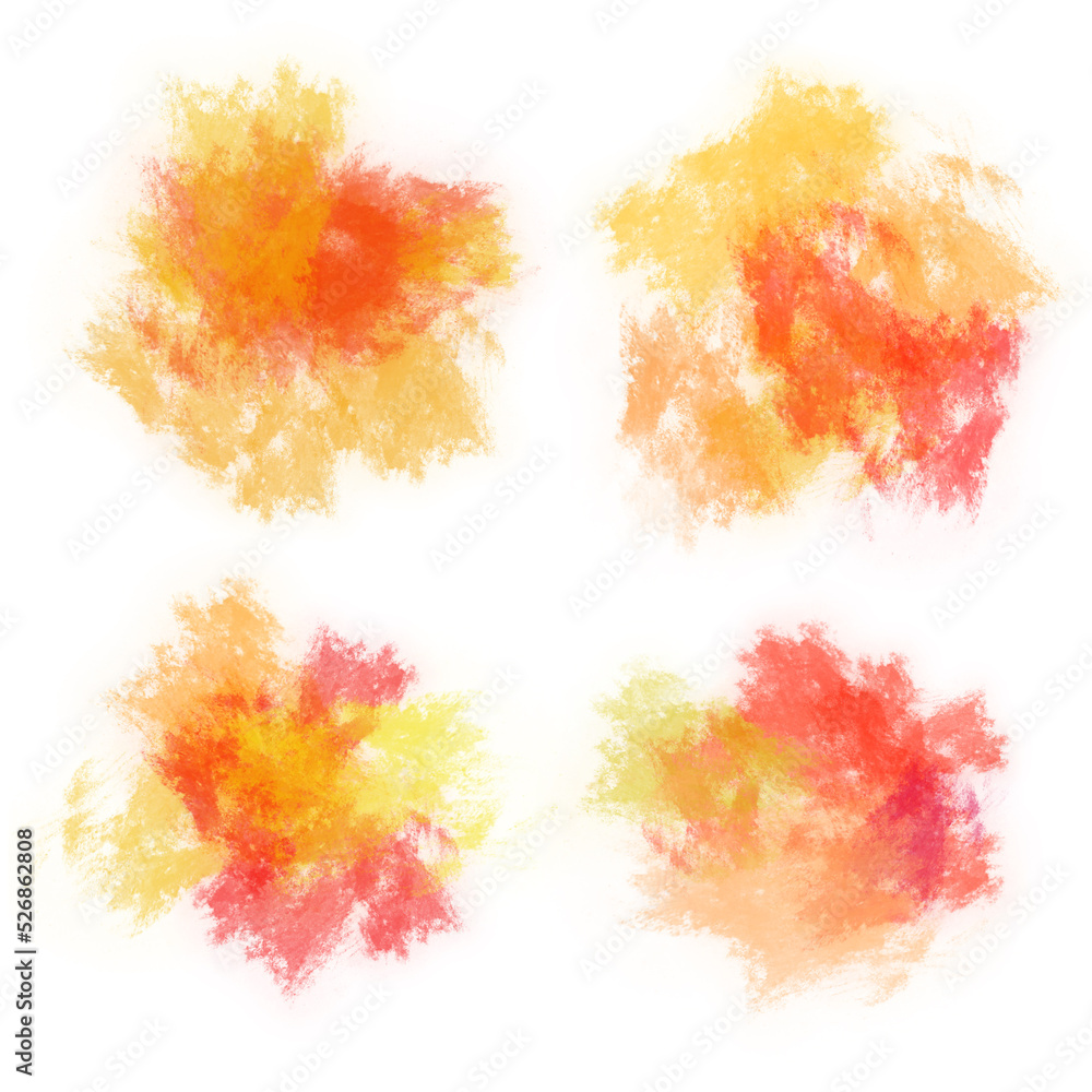 Set of 4 abstract hand-drawn textured mixed red, yellow, orange watercolor, gouache or acrylic paint stains isolated on white background. Pack of Holi graphic design elements. Color explosion frame. Set of 4 abstract hand-drawn textured mixed red, yellow, orange watercolor, gouache or acrylic paint stains isolated on white background. Pack of Holi graphic design elements. Color explosion frame.