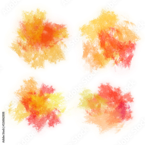 Set of 4 abstract hand-drawn textured mixed red, yellow, orange watercolor, gouache or acrylic paint stains isolated on white background. Pack of Holi graphic design elements. Color explosion frame.