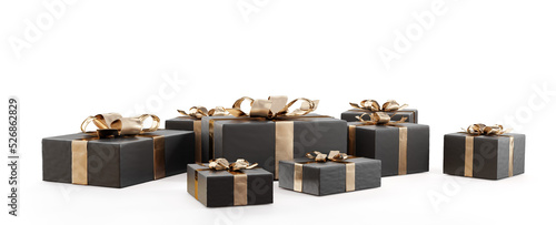 dark black golden gifts, presents golden colored wrapped boxes 3d-illustration
