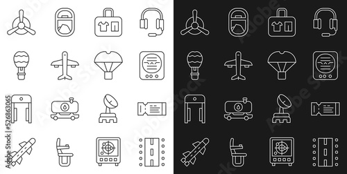 Set line Airport runway, Airline ticket, Attitude indicator, Suitcase, Plane, Hot air balloon, propeller and Box flying parachute icon. Vector