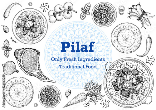 Pilaf cooking and ingredients for pilaf, sketch illustration. Middle eastern cuisine frame. Uzbek food, design elements. Hand drawn, package design. Arabic food