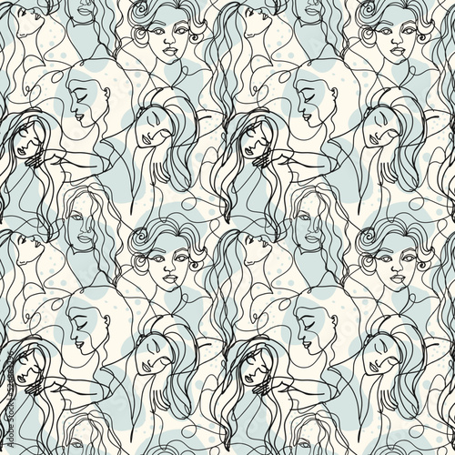 Vector Abstract seamless pattern in One line style. Female faces.