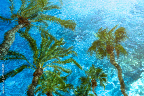 Tropical summer background of palm trees reflected in swimming pool water