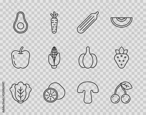 Set line Cabbage, Cherry, Fresh cucumber, Kiwi fruit, Avocado, Corn, Mushroom and Strawberry icon. Vector