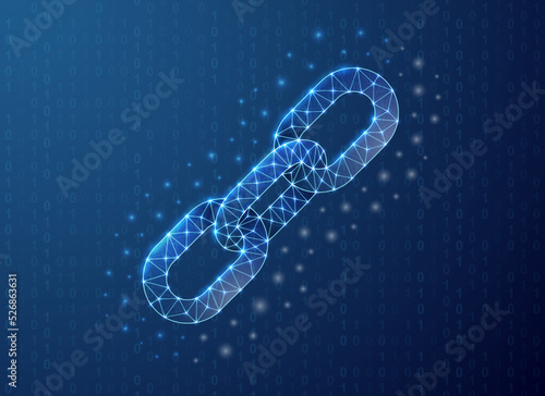 Chain polygonal symbol with binary code background. Chainlink concept design vector illustration. Blue Blockchain low poly symbol with connected dots