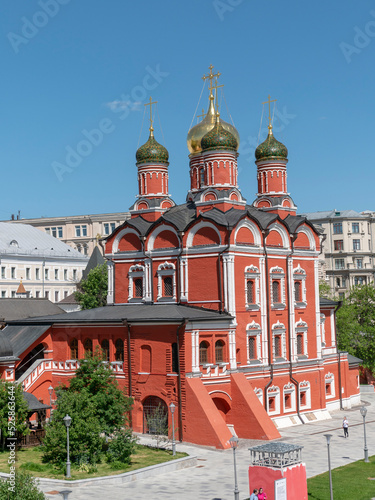 Znamensky cathedral on Varvarka street and Zaryadye park in Moscow, Russia