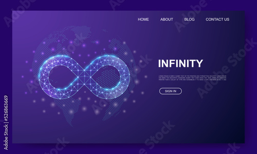 Infinity 3d low poly website template. Forever design illustration concept. Polygonal Unlimited symbol for landing page, advertising page.