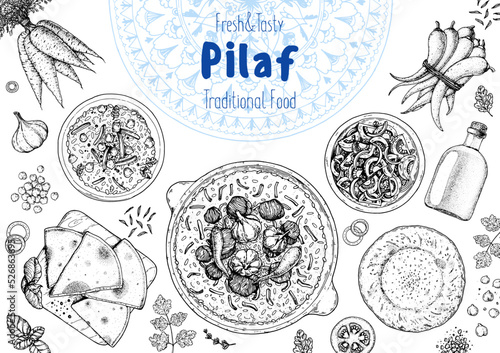 Pilaf cooking and ingredients for pilaf, sketch illustration. Middle eastern cuisine frame. Uzbek food, design elements. Hand drawn, package design. Arabic food