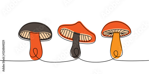 Set of Mushroom one line colored continuous drawing. Mushroom continuous one line colorful set illustration. Vector minimalist linear illustration
