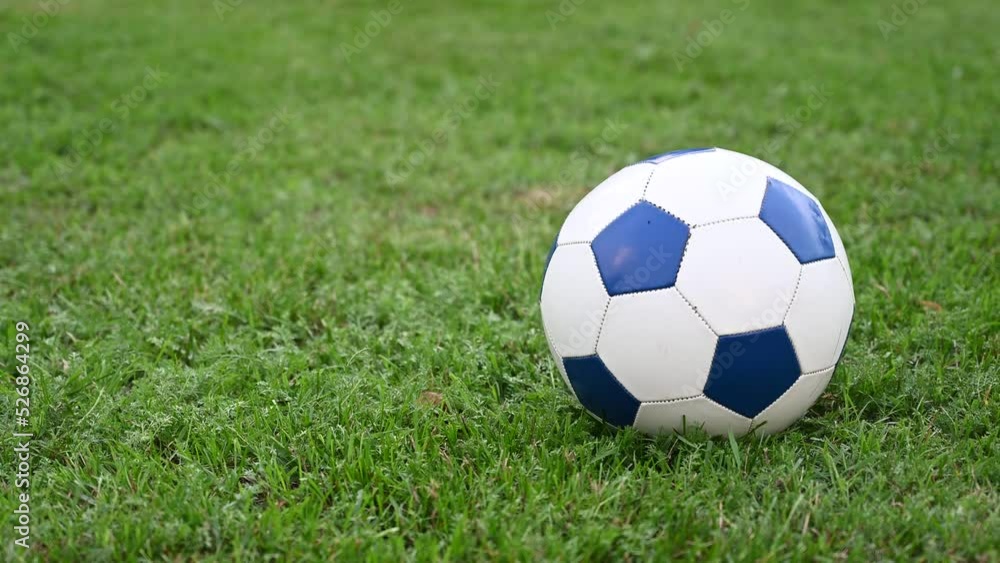Ball for football on green grass on the stadium. Playing football match. Classic soccer ball. Ball for football on green grass on the stadium. Playing football match. Classic soccer ball.