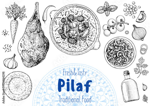 Pilaf cooking and ingredients for pilaf, sketch illustration. Middle eastern cuisine frame. Uzbek food, design elements. Hand drawn, package design. Arabic food