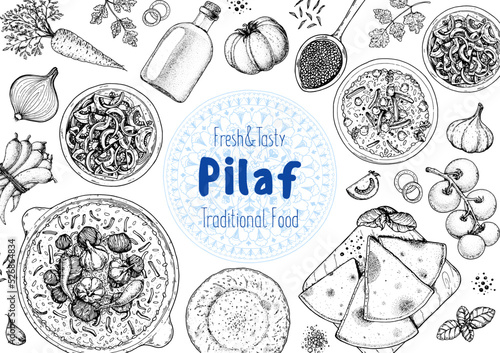 Pilaf cooking and ingredients for pilaf, sketch illustration. Middle eastern cuisine frame. Uzbek food, design elements. Hand drawn, package design. Arabic food