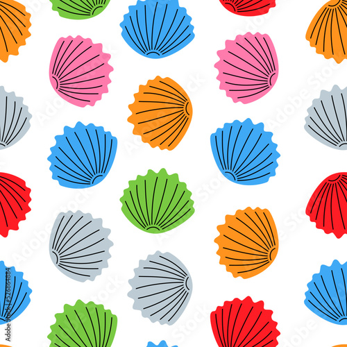Scallop sea shell seamless pattern. Colored seashell background. Scallop seashell hand drawn pattern