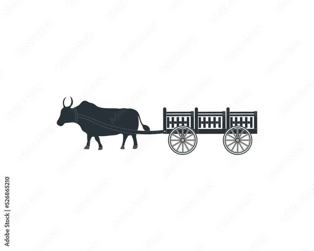 Obraz premium Amazing asian rural black oxen pulling wooden cart. Traditional transportation, vector art