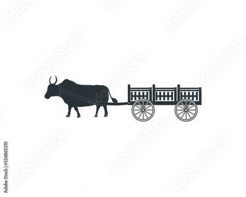 Amazing asian rural black oxen pulling wooden cart. Traditional transportation, vector art