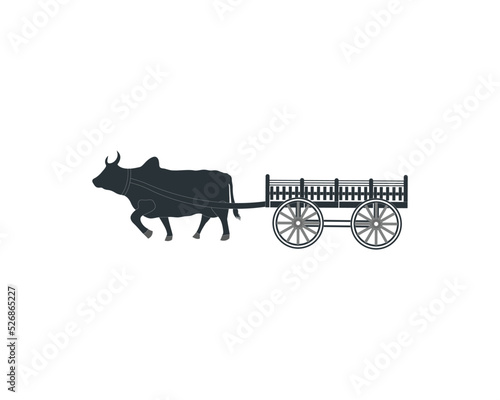 Carabao pulls a wooden cart, traditional transportation silhouette nature concept