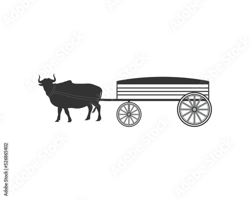 Amazing asian rural black cow pulling wooden cart. traditional agricultural transportation design concept. Vector illustration isolated object on background 