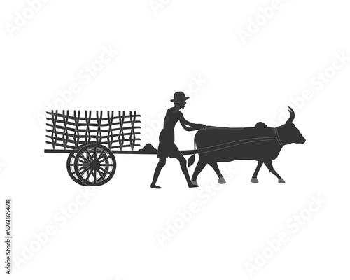 Young farmer riding a bullock cart. Vector illustration on white background