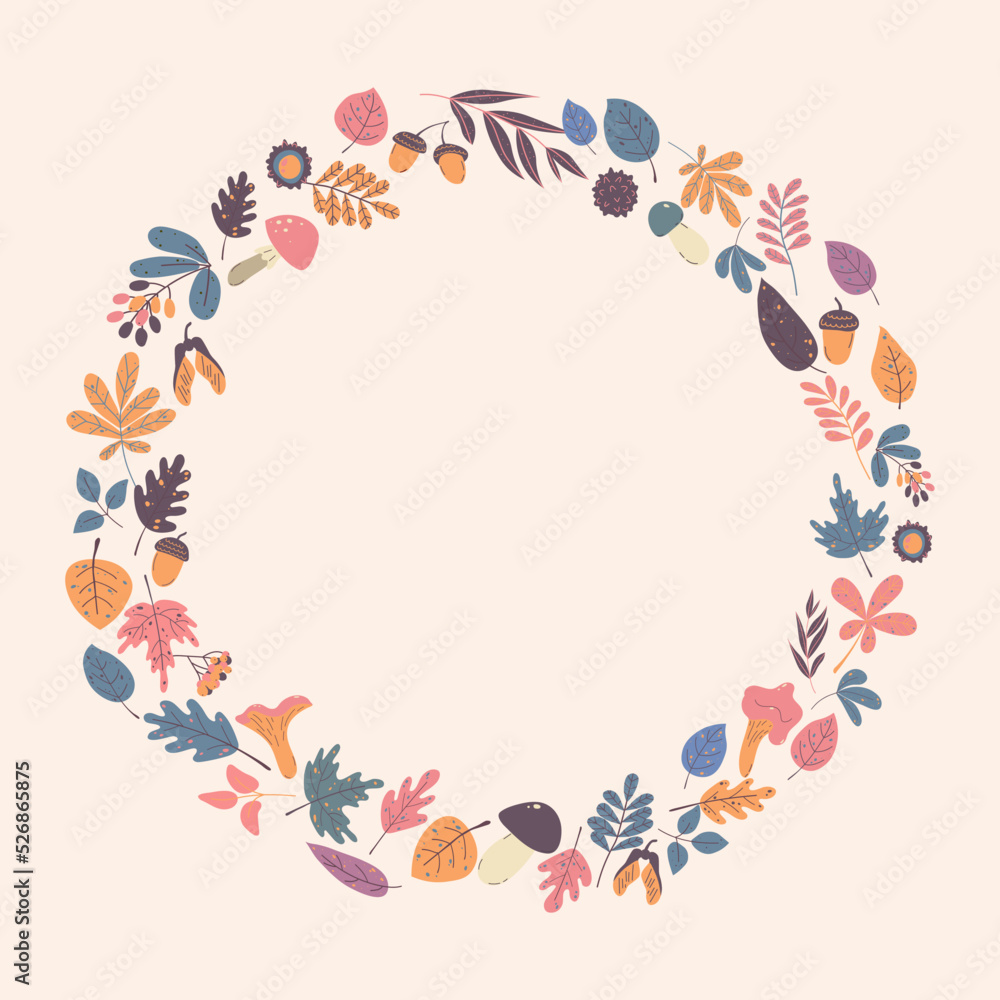 Elegant round frame, wreath or border made of colorful fallen oak leaves, acorns, maple, mushrooms, berries and other simple leaves. Elegant round frame, wreath or border made of colorful fallen oak leaves, acorns, maple, mushrooms, berries and other simple leaves.
