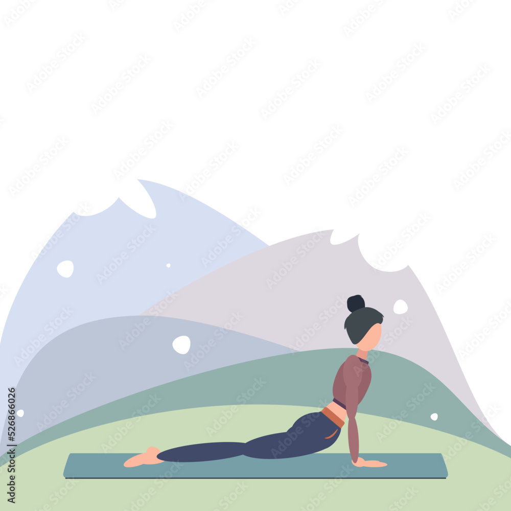 A woman practices yoga outdoors in Upward Facing Dog Pose, or Urdhwa Mukha Svanasana. Can be used for poster, banner, postcard.
