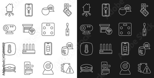 Set line House under protection, Voice assistant, Electric toothbrush, Smart garage, Web camera, home and bathroom scales icon. Vector