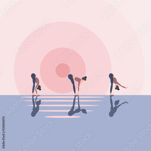 Sports support health and spiritual harmony, yoga three poses on the street near the water at dawn.