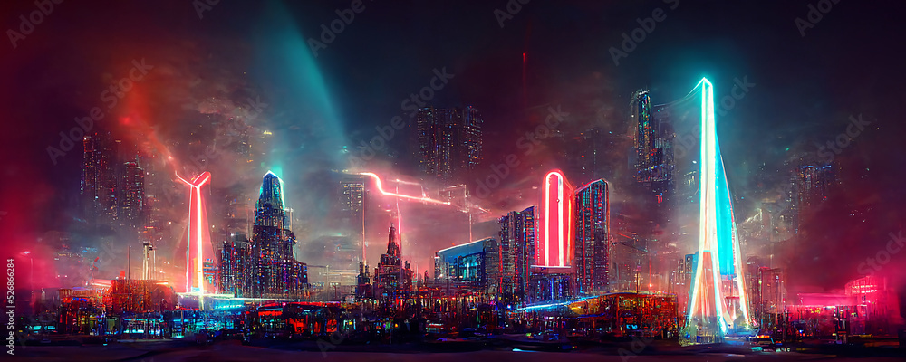 nightlife in the metaverse world, which is covered with light mist, is a  visual show that