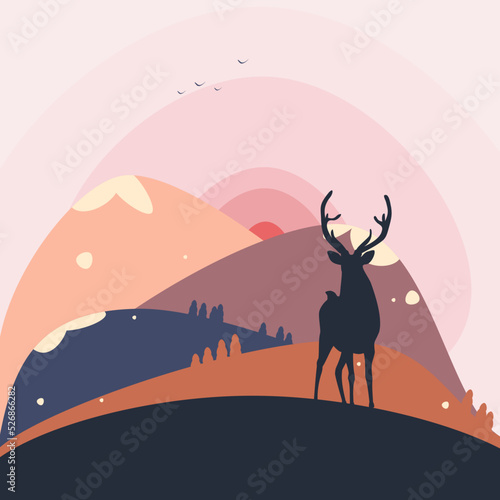 Background illustration of light and hot pink, blue and orange mountains and hills with deer silhouette. Picture for poster, banner, postcard..