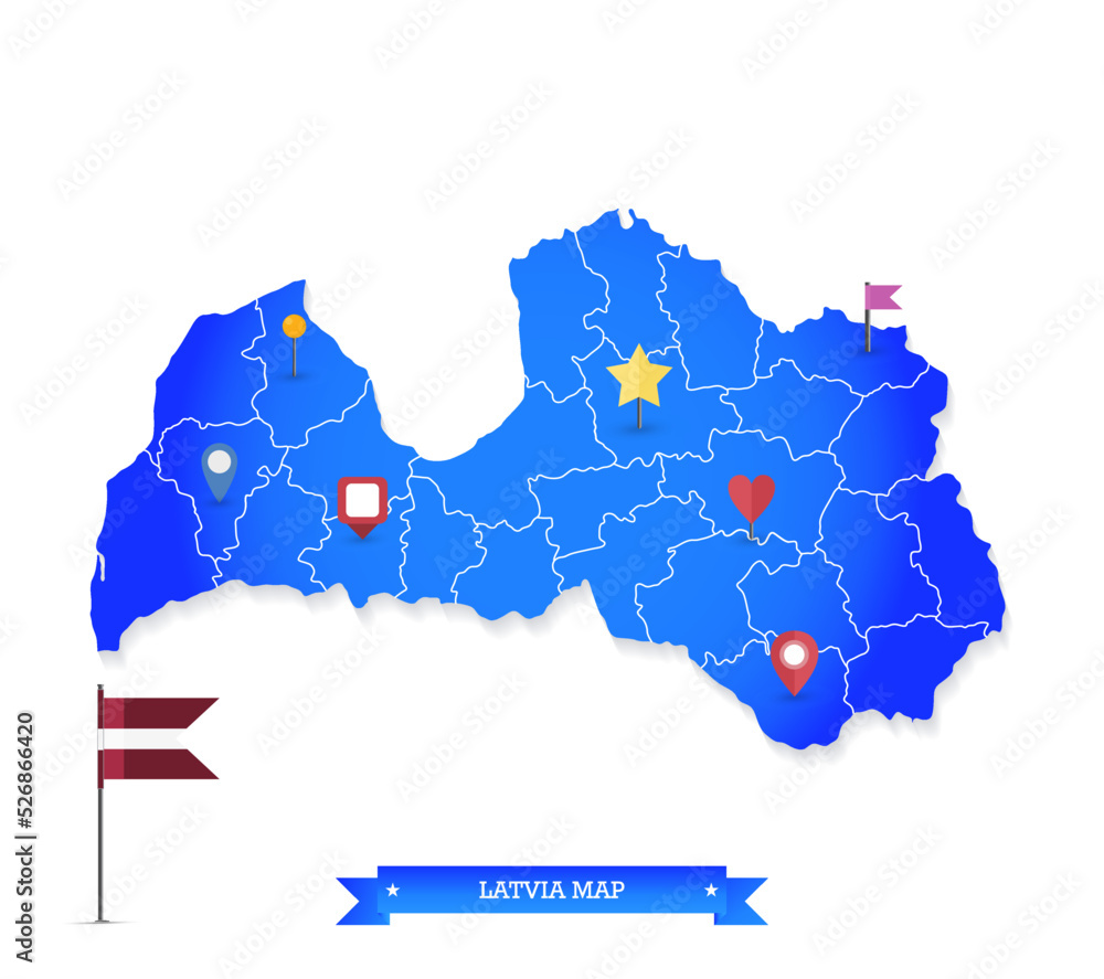 3D Map of Latvia on white and flat icons