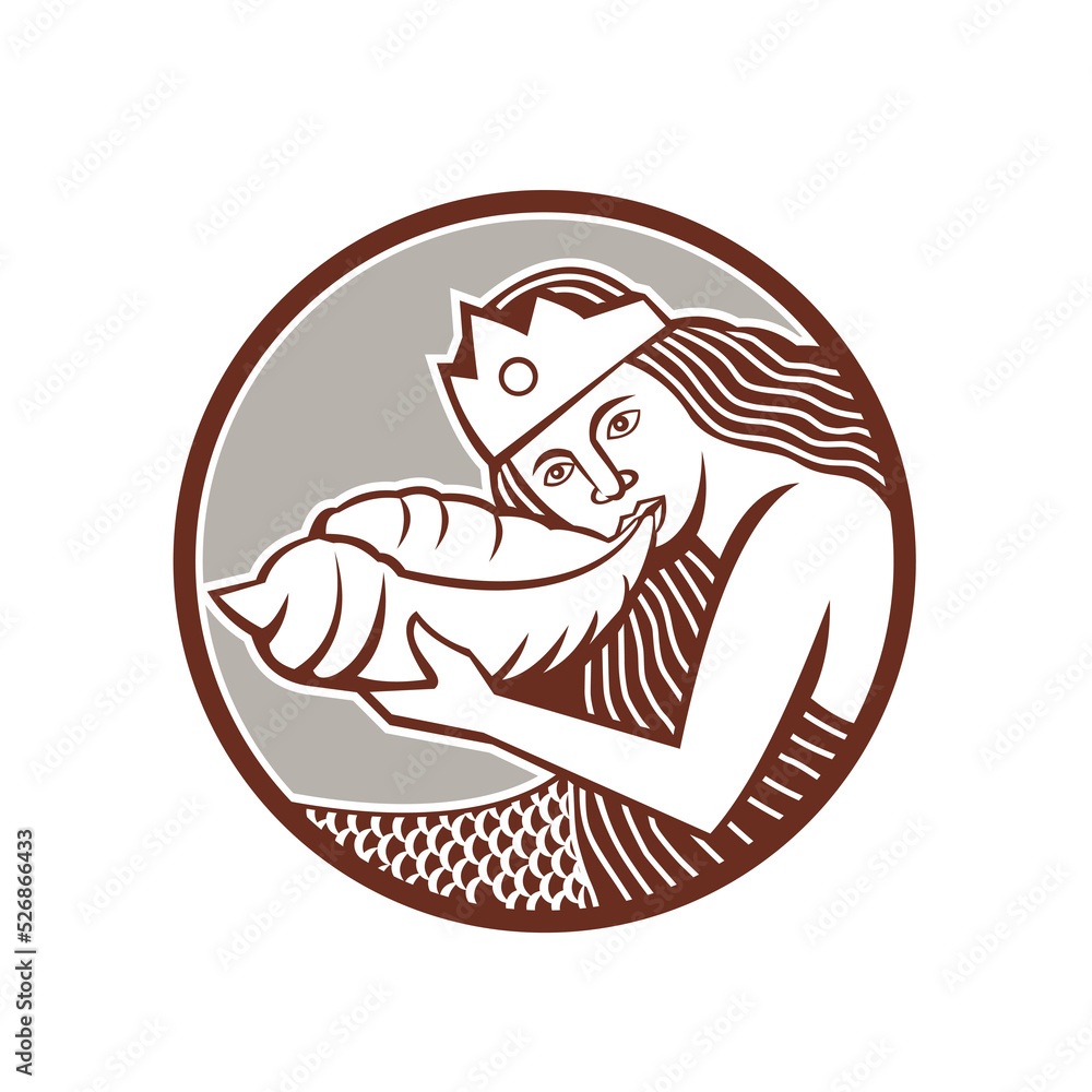 Obraz premium Mermaid Blowing Conch Shell Circle Retro