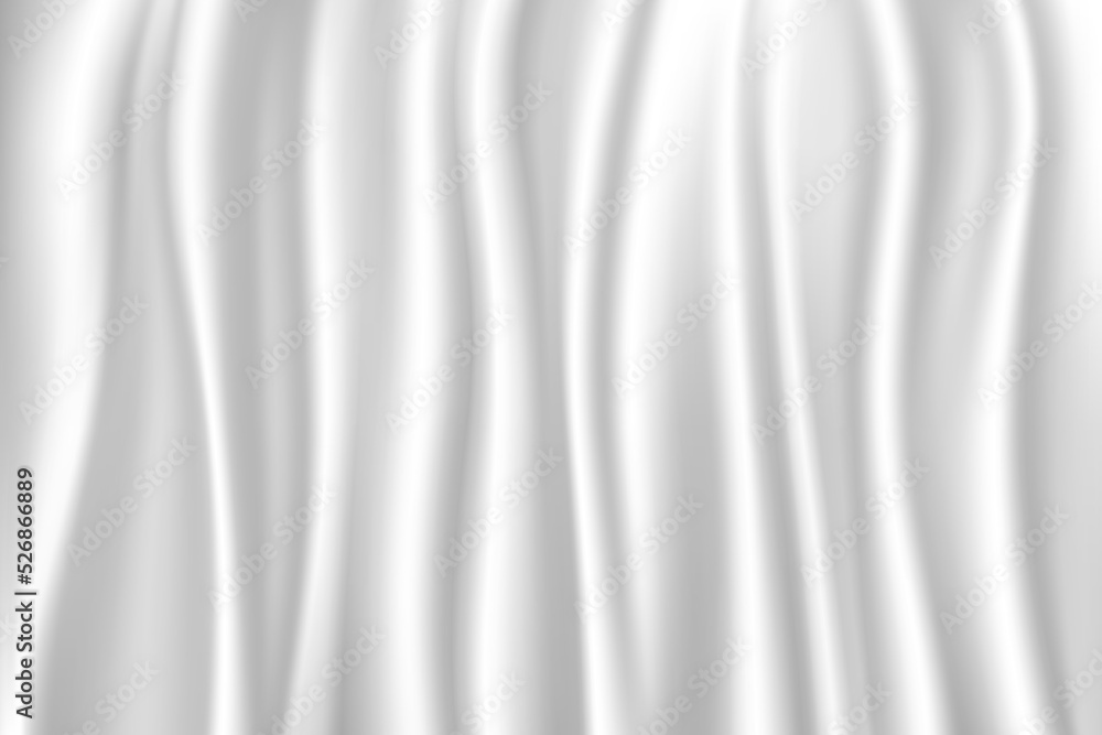 Silver white shiny material with folds in draped silk or satin material  design, luxury white background in wavy rippled cloth with smooth metallic  fabric texture Stock Illustration