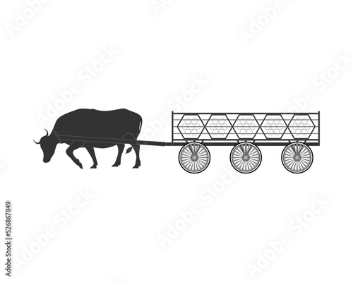 Massive carabao pulls a wooden cart, traditional transportation silhouette nature concept