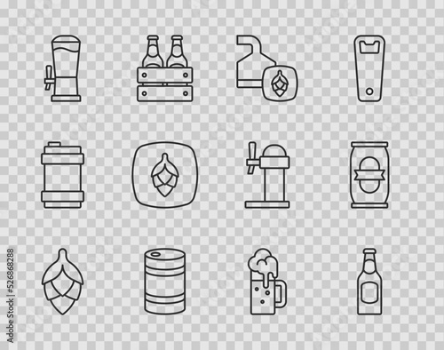 Set line Hop, Beer bottle, brewing process, Metal beer keg, tap, Wooden mug and can icon. Vector