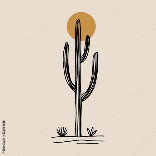 Modern abstract wild cactus silhouette, contemporary meditative harmony landscape minimalist vintage desert Arizona concept. Vector and jpg printable image, unique boho clipart illustration, editable