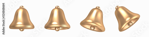Golden Bells Set. Tilted Gold Metal Bells isolated on a white background. Christmas symbol, notification, school, vintage bell icon. 3D render realistic vector object