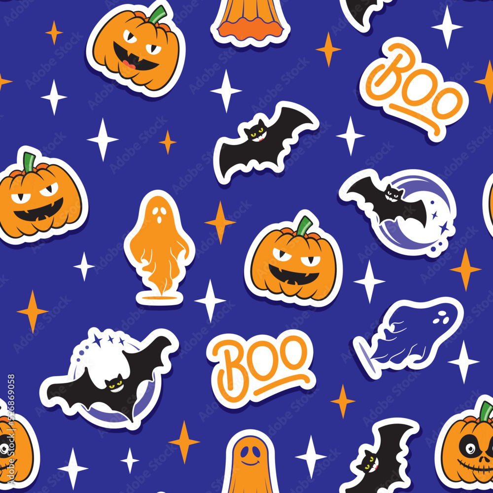 Halloween seamless pattern with ghosts and pumpkin emojis, stars on dark blue background, funny and scary characters with various facial expressions, traditional holiday magiс creature, Halloween seamless pattern with ghosts and pumpkin emojis, stars on dark blue background, funny and scary characters with various facial expressions, traditional holiday magiс creature,