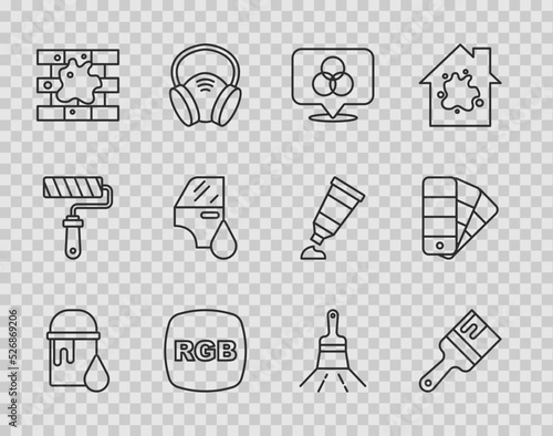 Set line Paint bucket, brush, RGB and CMYK color mixing, Painting the house, Car painting, and Color palette guide icon. Vector