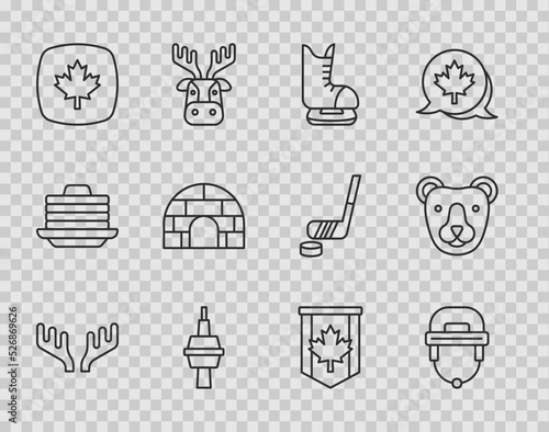 Set line Deer antlers, Hockey helmet, Skates, TV CN Tower in Toronto, Canadian maple leaf, Igloo ice house, Pennant flag of Canada and Bear head icon. Vector