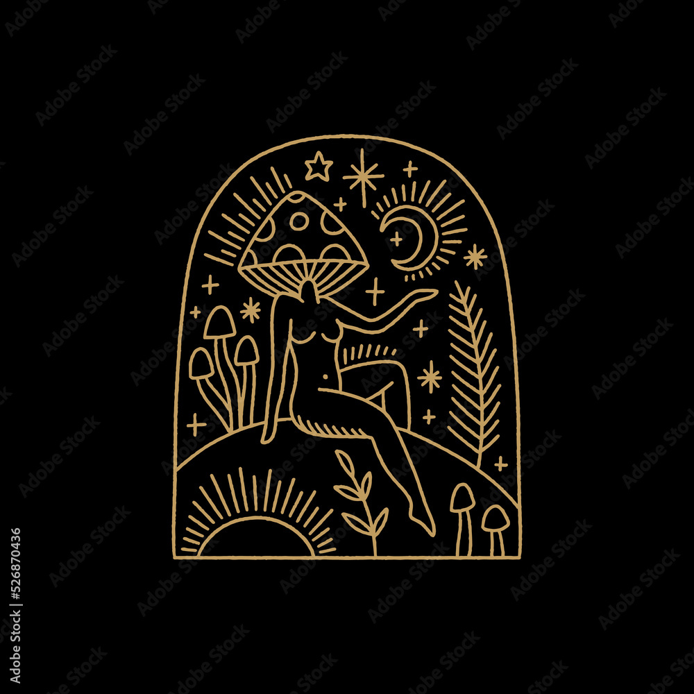 Mushroom lady logo, moon goddess sacred woman celestial card. Mystical boho fungi girl. Mystic esoteric black and gold color witchcraft vector and jpg printable image, unique boho clipart illustration Mushroom lady logo, moon goddess sacred woman celestial card. Mystical boho fungi girl. Mystic esoteric black and gold color witchcraft vector and jpg printable image, unique boho clipart illustration