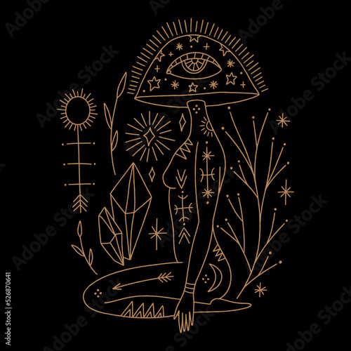 Mushroom lady, moon goddess sacred woman celestial card. Mystical boho fungi girl. Mystic esoteric black and gold color witchcraft vector and jpg printable image, unique boho clipart illustration