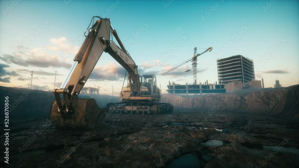 Excavator machine on construction site. Earthmoving at construction site. Morning at construction site with heavy machinery. 3d visualization Excavator machine on construction site. Earthmoving at construction site. Morning at construction site with heavy machinery. 3d visualization