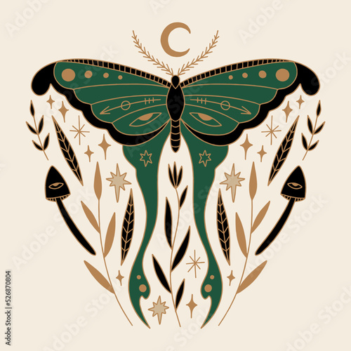Magic luna moth celestial moon night butterfly magical vector and jpg printable image, unique boho clipart illustration, editable isolated details. Perfect for poster or postcard template, t-shirt