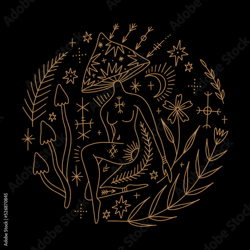 Mushroom lady, moon goddess sacred woman celestial card. Mystical boho fungi girl. Mystic esoteric black and gold color witchcraft vector and jpg printable image, unique boho clipart illustration