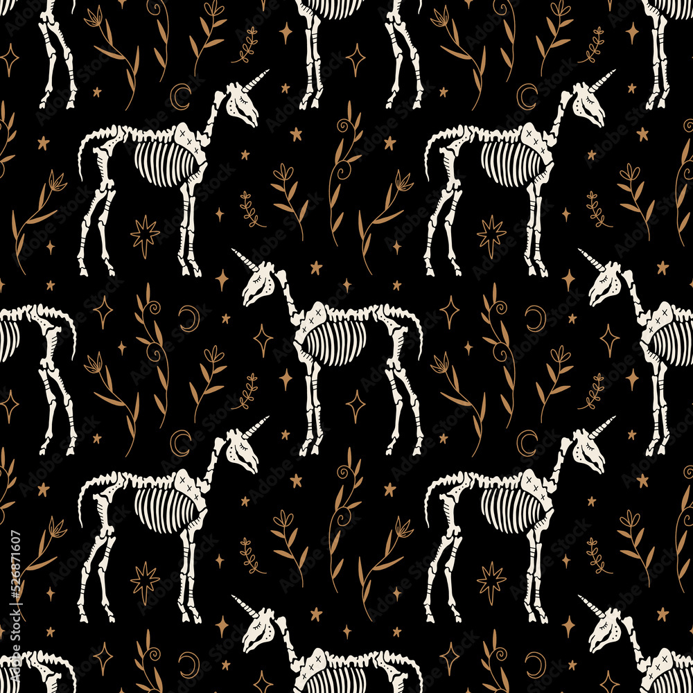 Unicorn skeleton dark boho gothic animal gloomy vector and jpg printable boho seamless pattern, unique repeat clipart illustration image, editable isolated details. Perfect for clothes design