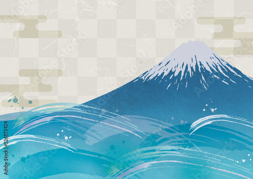青い富士山と海の波水彩画