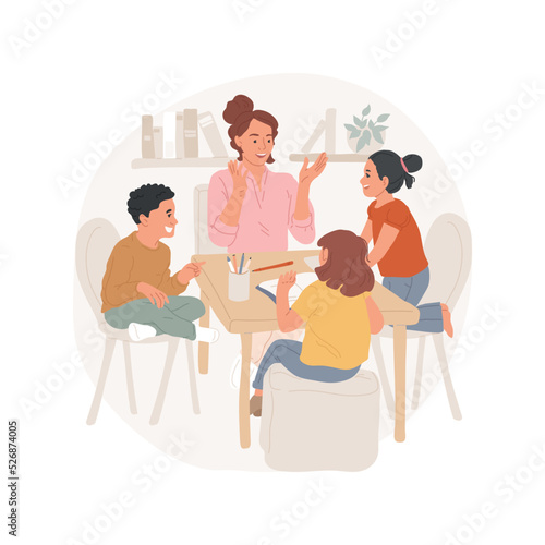 Homeschool co-op isolated cartoon vector illustration. Homeschool parents, co-op activity, community microschool, one adult with small group of children, alternative teaching vector cartoon.